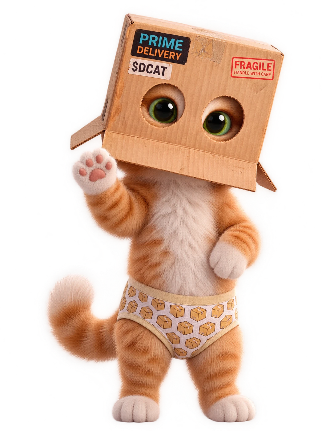 Cat Wif Box, an orange kitten wearing a cardboard shipping box on his head, waving