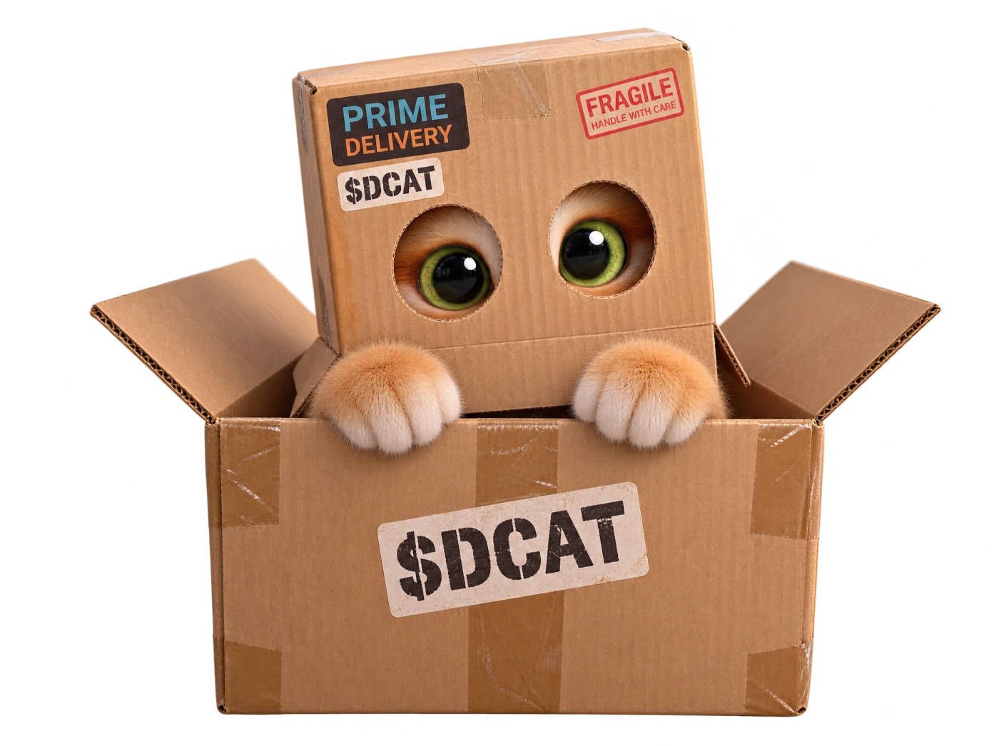 Cat Wif Box peeking out of an open $DCAT shipping box
