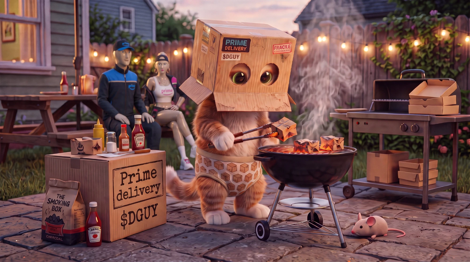 Cat Wif Box grilling little cardboard boxes at a backyard barbecue
