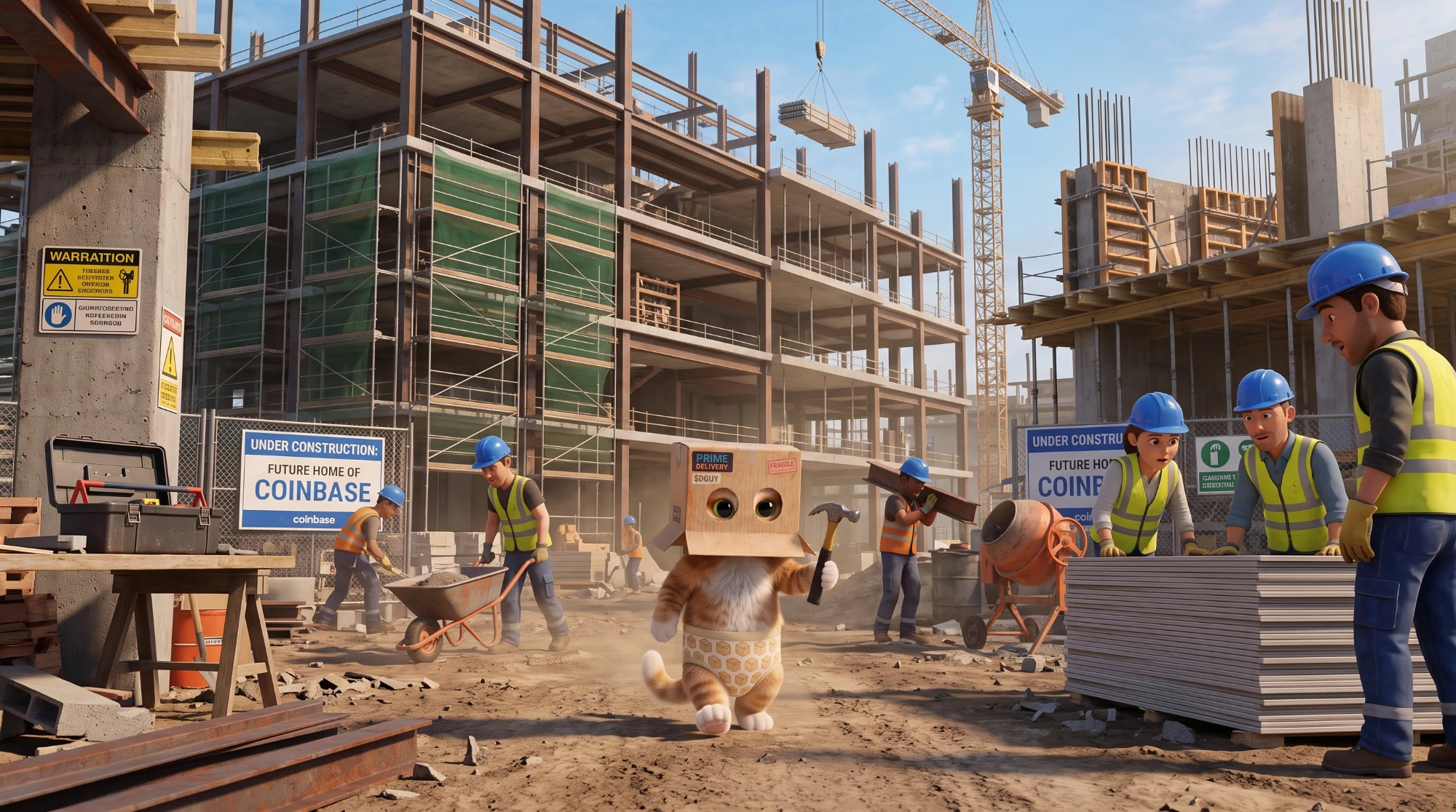 Cat Wif Box holding a hammer on a construction site