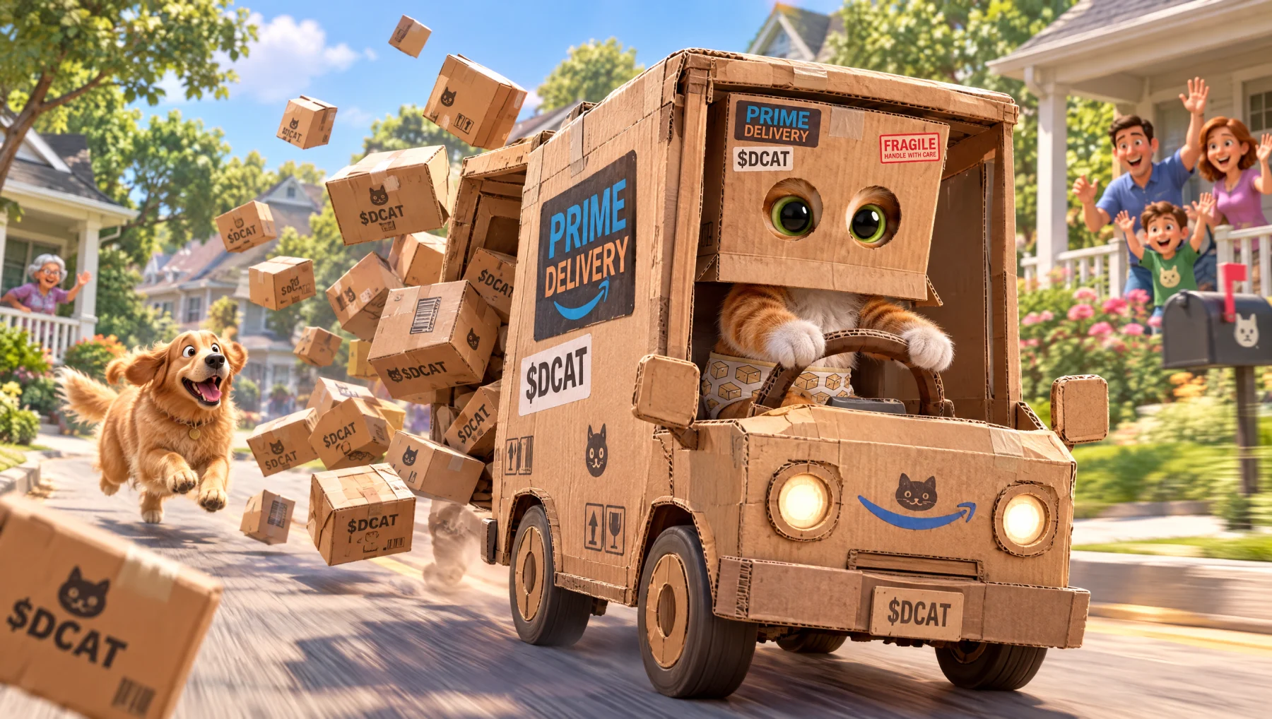 Cat Wif Box driving a cardboard delivery van with $DCAT parcels flying out