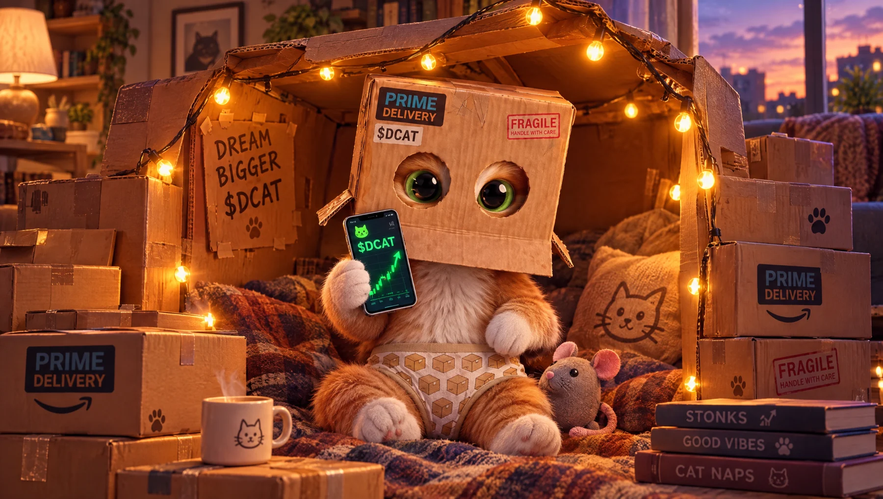 Cat Wif Box inside a cozy cardboard fort checking a green chart on his phone