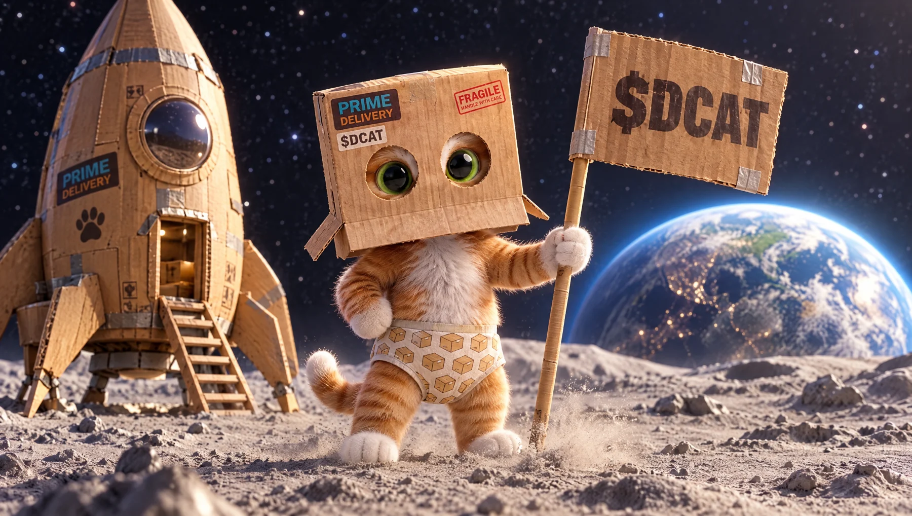 Cat Wif Box planting a $DCAT flag on the moon next to a cardboard rocket