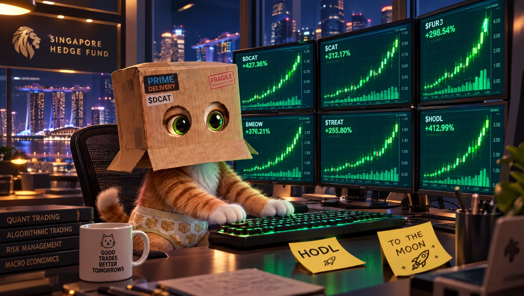 Cat Wif Box at a trading desk with six screens of green charts